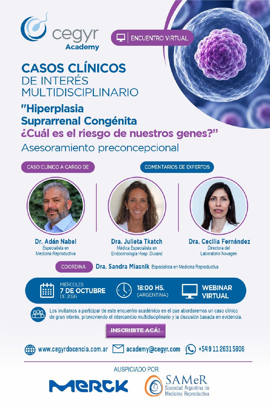 Flyer del encuentro virtual sobre Hiperplasia Suprarenal Congénita, miércoles 7 de octubre de 2026 a las 18 horas
